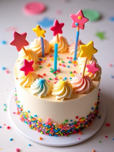 A whimsical and colorful children's birthday cake adorned with edible stars and playful sprinkles.